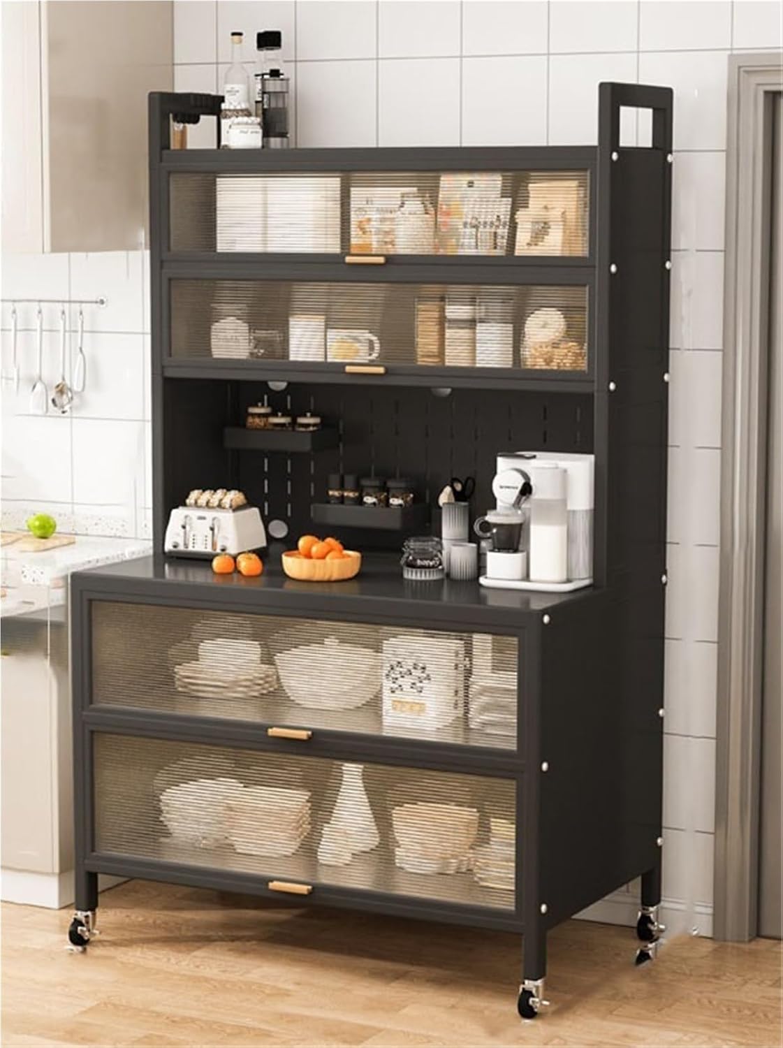 Kitchen Pantry Storage Cabinet Shelf Microwave 6-Tier Stand with Storage with Flip Door and Wheels Metal Sideboard Baker's Rack Coffee Pub for Spices Pots Pans ﻿(Black,80cm)