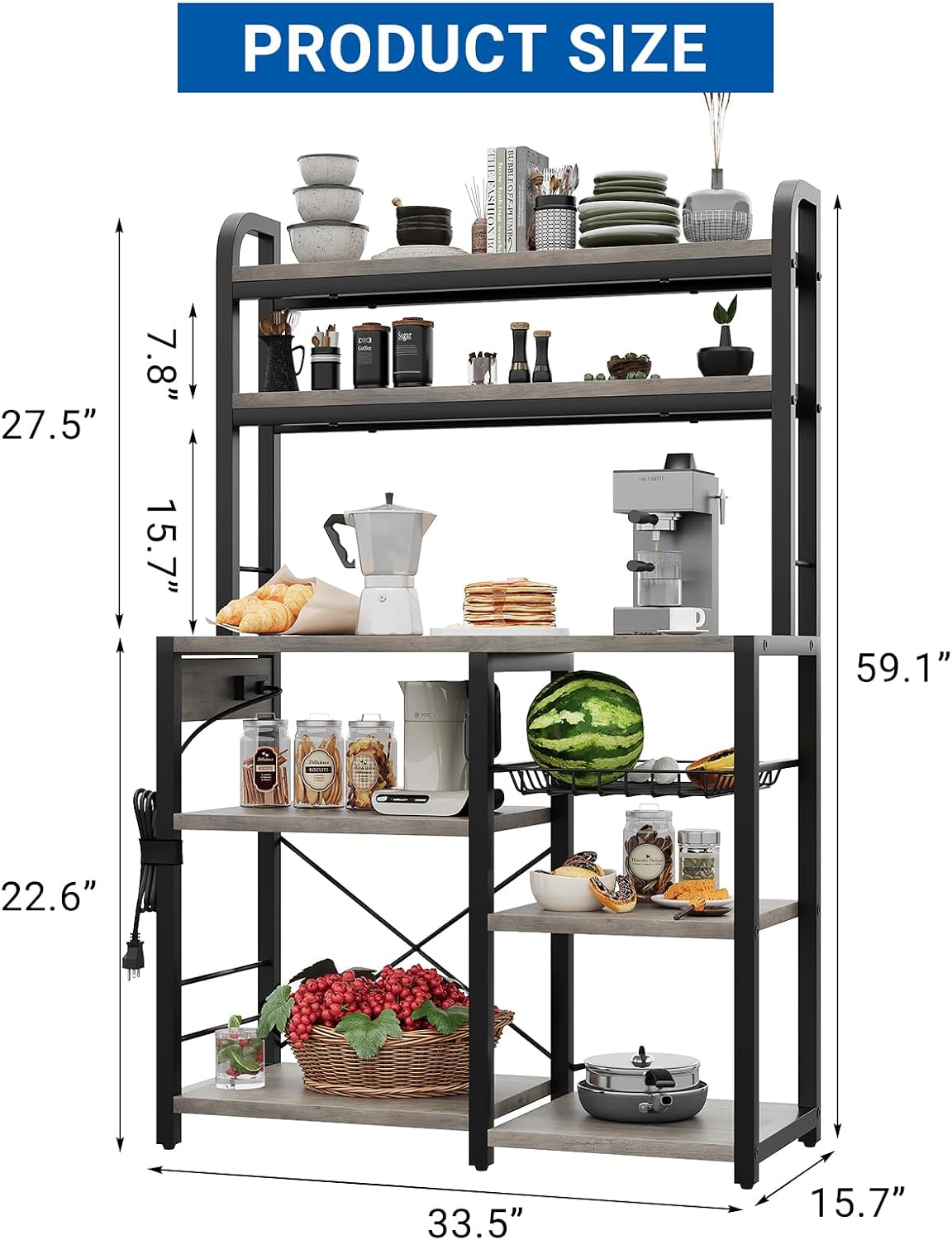 IDEALHOUSE Bakers Rack with Power Outlet, 6-Tier Coffee Bar Station with Wire Drawer, Industrial Microwave Stand, Kitchen Standing Bakers Racks with Large Storage, Hutch, Retro Gray