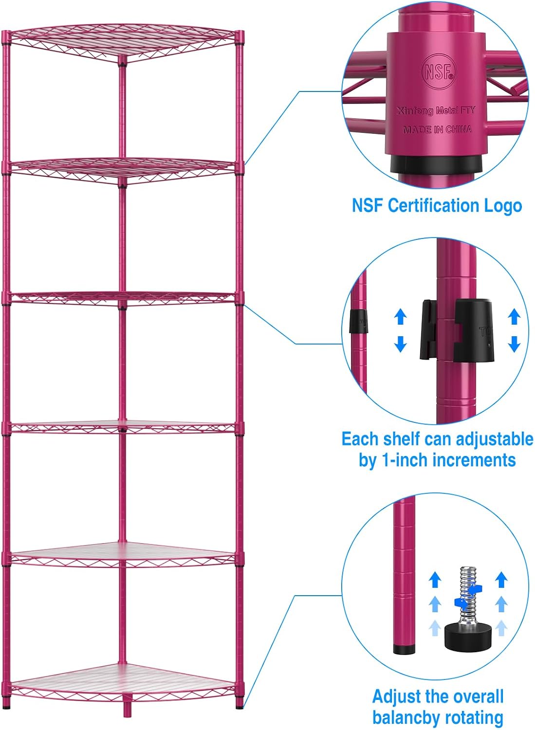 6 Tier NSF Corner Wire Shelf Shelving Unit, 18 x 18 x 72 Inch 420lbs Capacity Heavy Duty Adjustable Metal Storage Rack with Leveling Feet & Shelf Liners for Office Kitchen Bathroom and More - Pink
