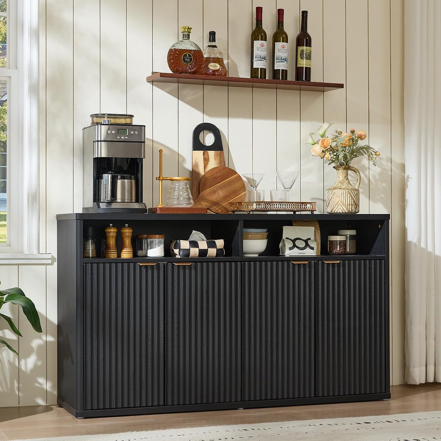 LEYAOYAO Fluted Buffet Cabinet with Storage, 55' Wide Wood Sideboard Credenza with 4 Doors & Open Storage Shelf, Modern Kitchen Console Accent Cabinets, Coffee Bar Table for Dining Room, Black Oak
