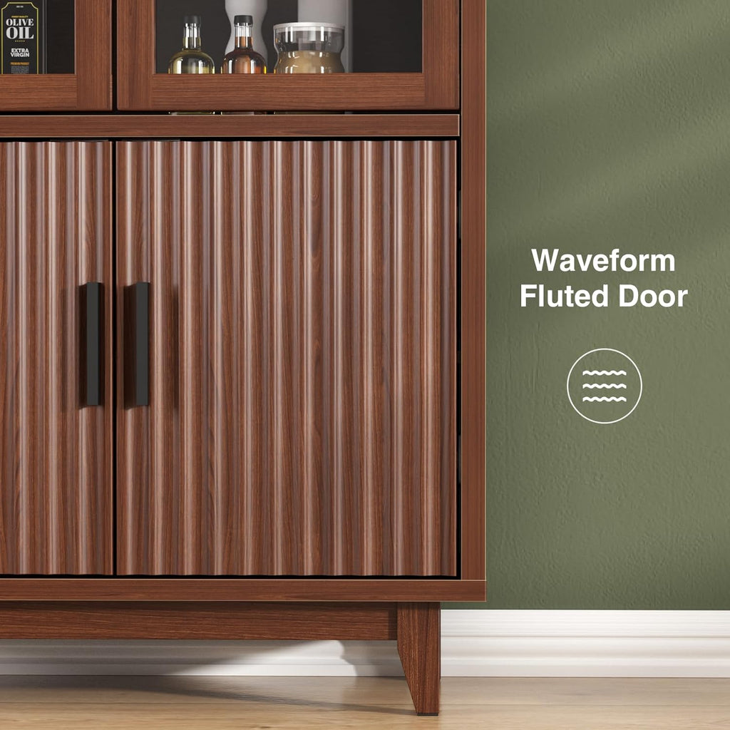 FiveWillowise Kitchen Pantry Cabinet with Glass Doors - Arched Design, Solid Wood Legs, Artistic Fluted Door, Adjustable Shelves, 70.8' Curved Storage Cabinet for Kitchen, Dining Room
