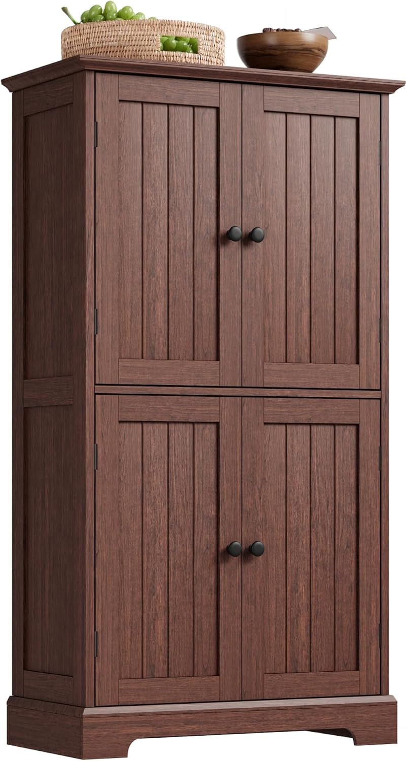ChooChoo Bathroom Floor Cabinet, Farmhouse Bathroom Storage Cabinet with 4 Doors and Adjustable Shelves, Pantry Cabinet for Living Room, Kitchen, Walnut