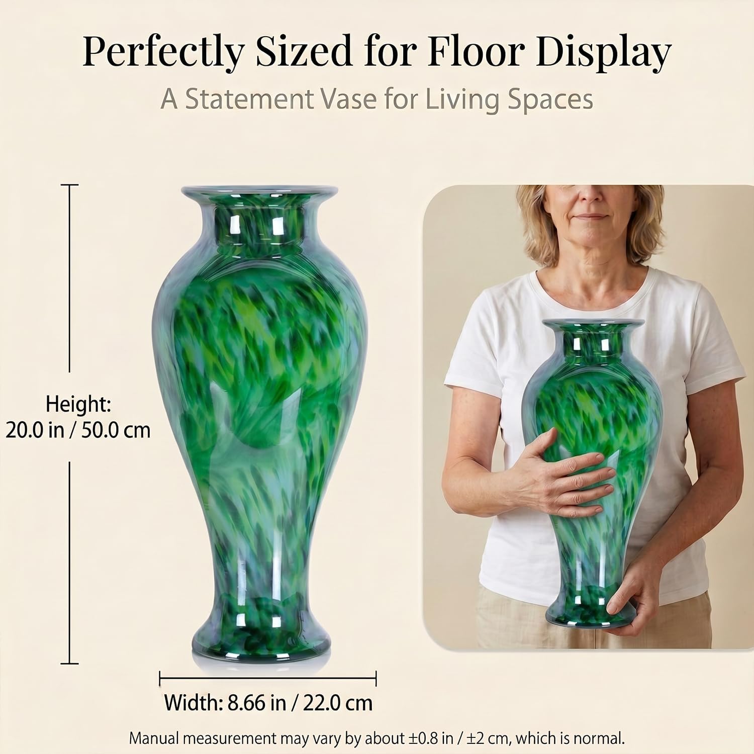 20' Tall Green Glass Vase Hand Blown Large Floor Glass Vase Home Decor, Pretty Modern Dark Green Flowers Vases, Jarrones Grandes para Sala Elegantes, Large Vases for Living Room Wedding Decor
