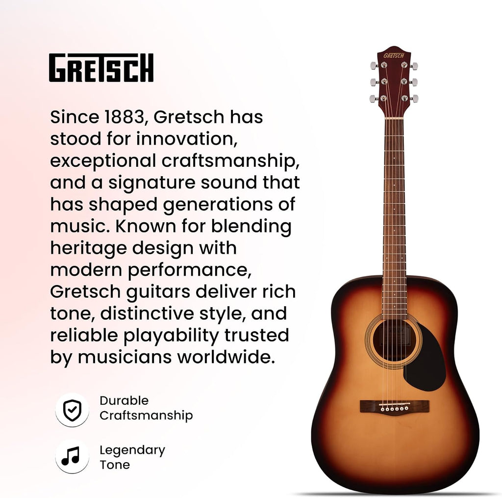 Gretsch Prelude D100 Dreadnought Acoustic Guitar - Sunburst Bundle with Gig Bag, Strap, Strings, String Winder, Picks, Austin Bazaar Instructional DVD, and Polishing Cloth
