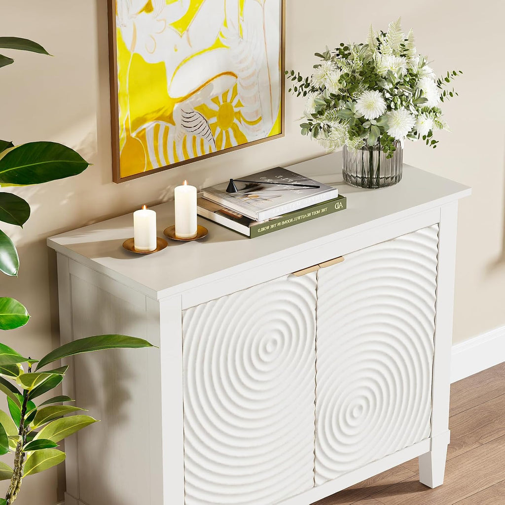 40' Coffee Bar Cabinet with Shelf, Craft Storage Cabinet with Doors, Wood Cabinet, Charming Carved Motif, Entry Way Cabinet with Storage, Sideboard Buffet for Living Room (Annual rings, White)