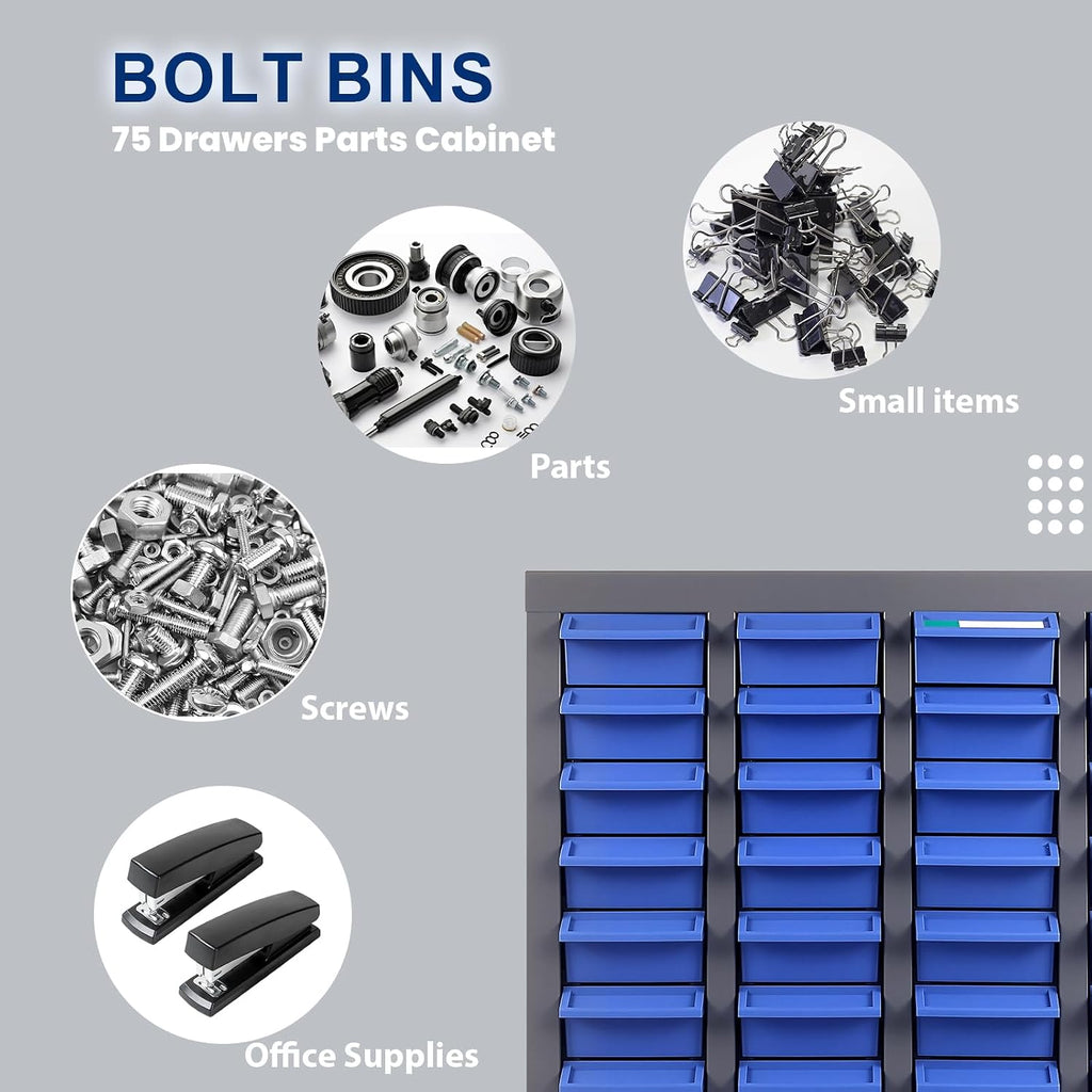 75 Drawer Small Parts Organizer Cabinet with ABS Drawers, Nuts and Bolts and Screw Organizer with Dividers, Hardware Storage with Label Slots, Metal Parts Cabinet for Garage Workshop