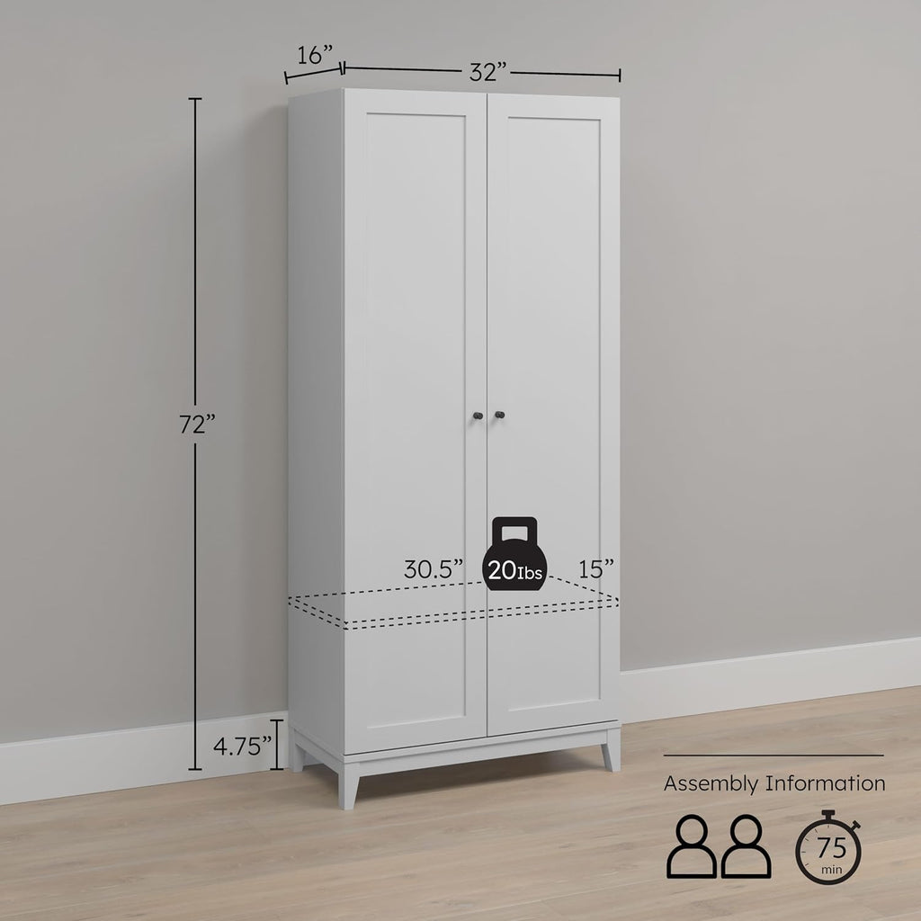Prepac Yaletown 72' Tall Storage Cabinet with Wood Legs, Pantry Cabinet with 3 Adjustable Shelves, Bathroom, Kitchen and Home Organization in White, 16' D x 32' W x 72' H
