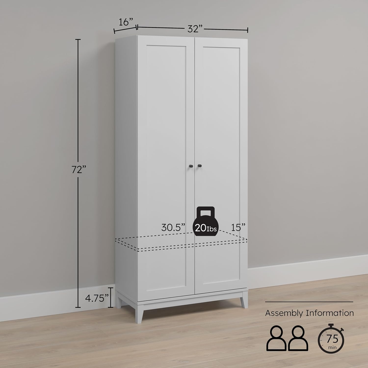 Prepac Yaletown 72' Tall Storage Cabinet with Wood Legs, Pantry Cabinet with 3 Adjustable Shelves, Bathroom, Kitchen and Home Organization in White, 16' D x 32' W x 72' H