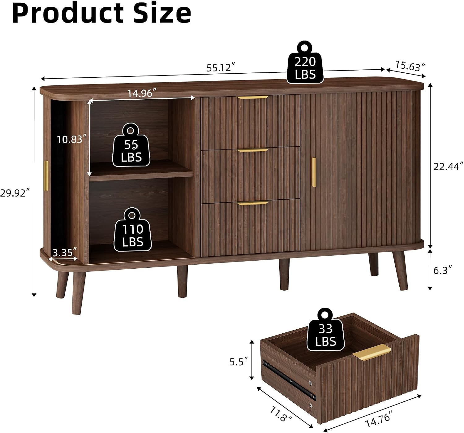 Lulive Walnut Buffet Cabinet, 55' Wide Sideboard Buffet Storage Cabinet with Rolling & Sliding Doors, Modern Bar Cabinet for Kitchen & Dining Room