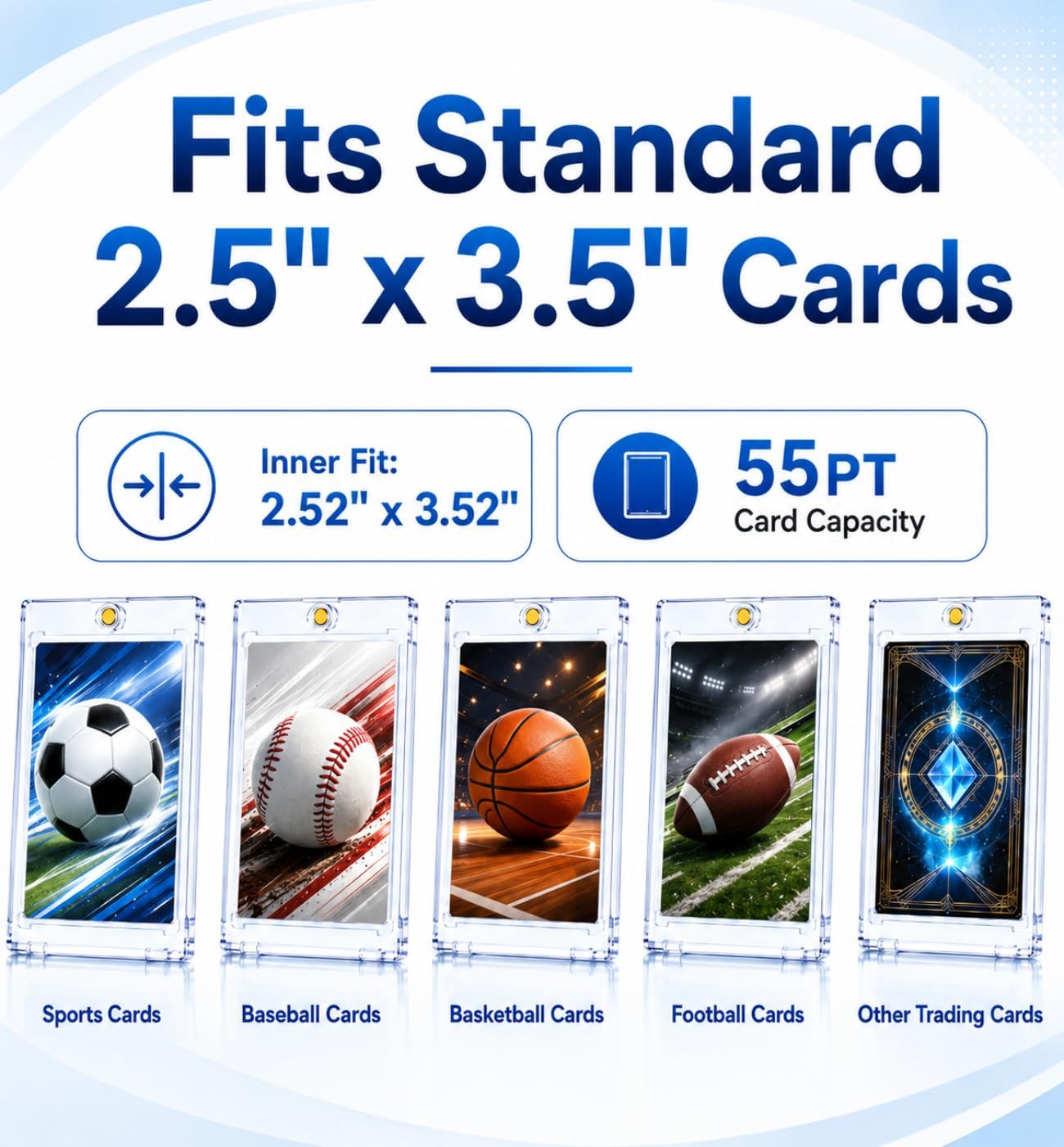 100 Pack Magnetic Card Holder 55pt: Ultra Slim Acrylic Card Case | One Touch Card Holder for Standard Trading Cards, Sports Card Holder for Baseball, Football, Game Cards, U-V Resistant
