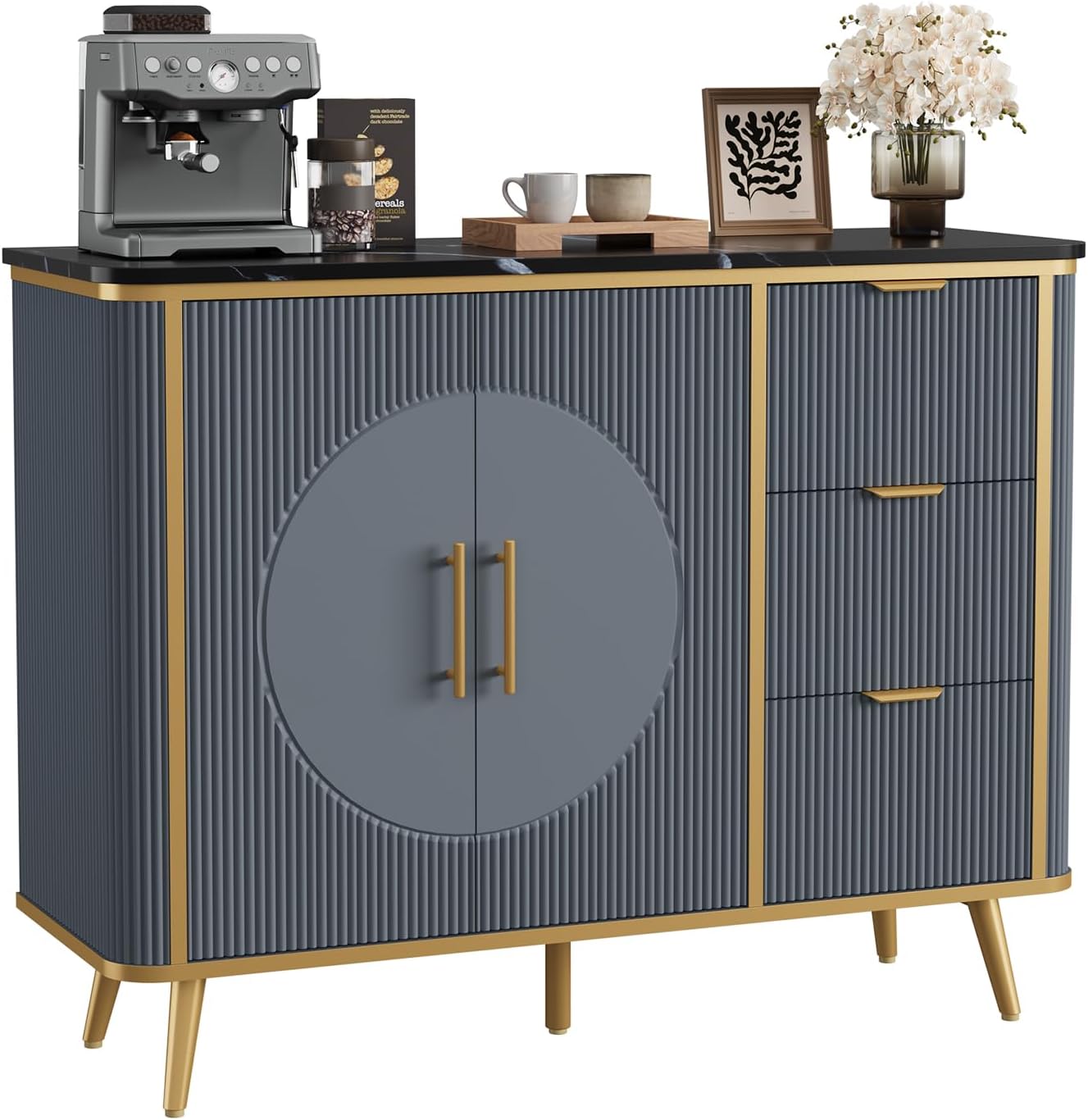 47.3' Modern Buffet Cabinet with Storage, Kitchen Sideboard Buffet with 2 Door & 3 Drawers, Fluted Caffee Bar Storage Cabinet for Dining Room, Living Room, Entryway, Navy Blue