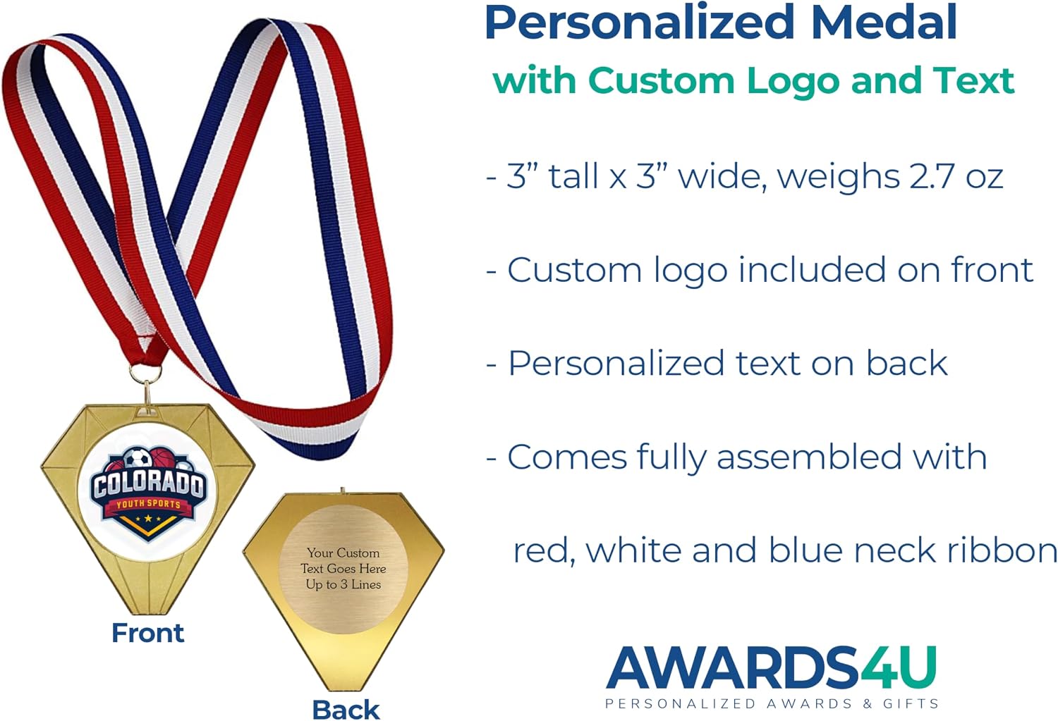 Custom Medals for Awards with Logo and Text on Back | Design Your Own Customized Personalized Medal for Kids and Adults | Design Your Own Award Medal | Medallas Personalizadas