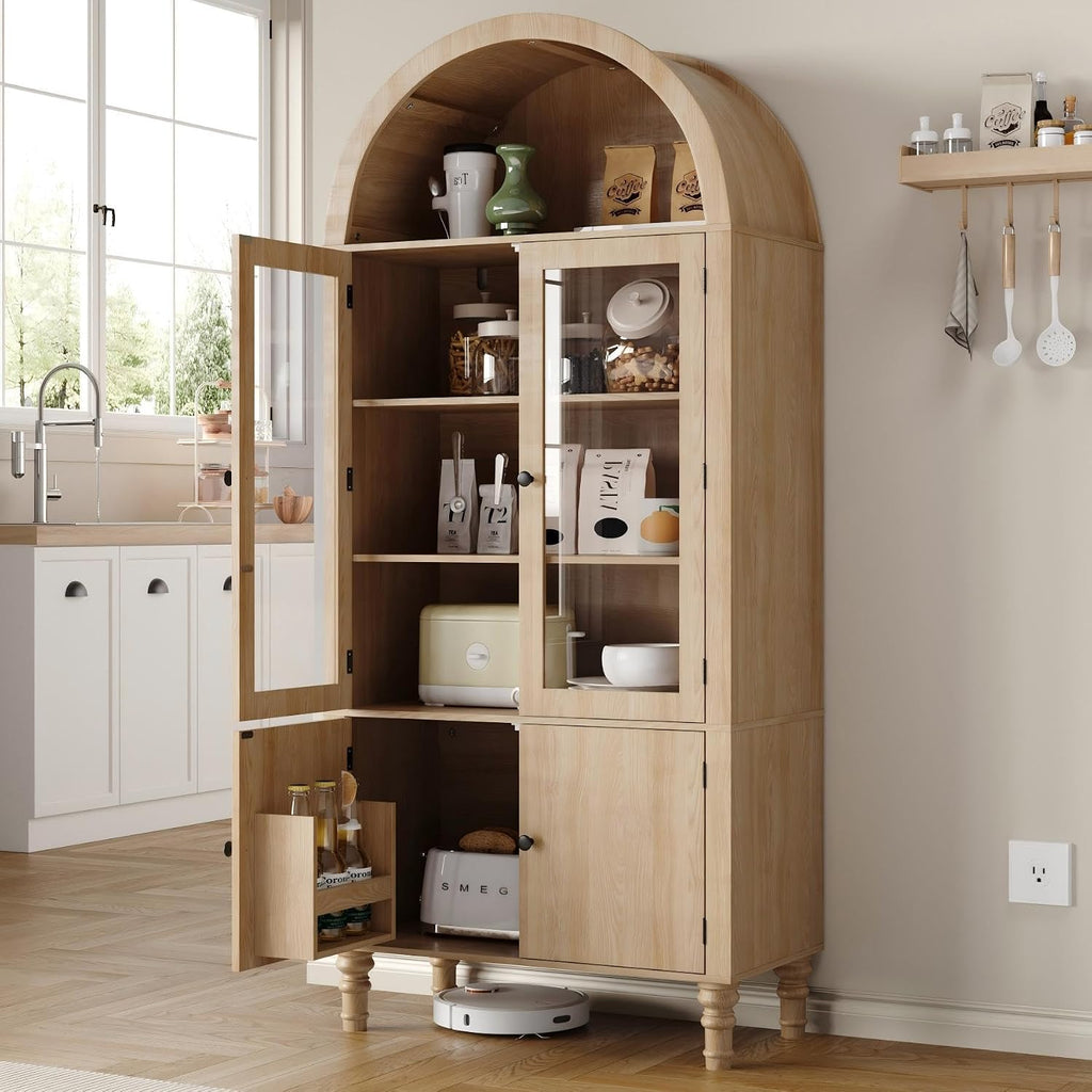 Furnify 71' Tall Arched Pantry Cabinet, Modern Kitchen Storage Cabinet with Doors, 3 Adjustable Shelves, Door Shelves, Organizer, Versatile Cupboard for Kitchen, Bathroom, Natural