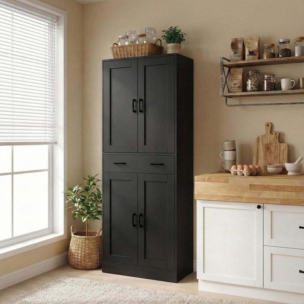 DIYART 71' Tall Kitchen Pantry Cabinet, Freestanding Food Storage Cupboard with Drawer and 4 Doors, Large Black Utility Floor Cabinet with Adjustable Shelves for Dining Room, Breakroom, Home Office