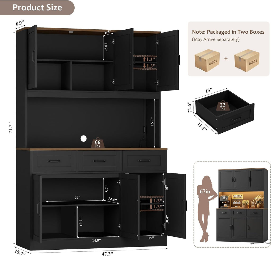 HOSTACK 72' Tall Kitchen Pantry Cabinet with Charing Station | LED Lights, 47'W Kitchen Pantry Storage Cabinet with Countertop, Kitchens Hutch Cabinets with Storage for Dining Room, Black/Rustic Brown