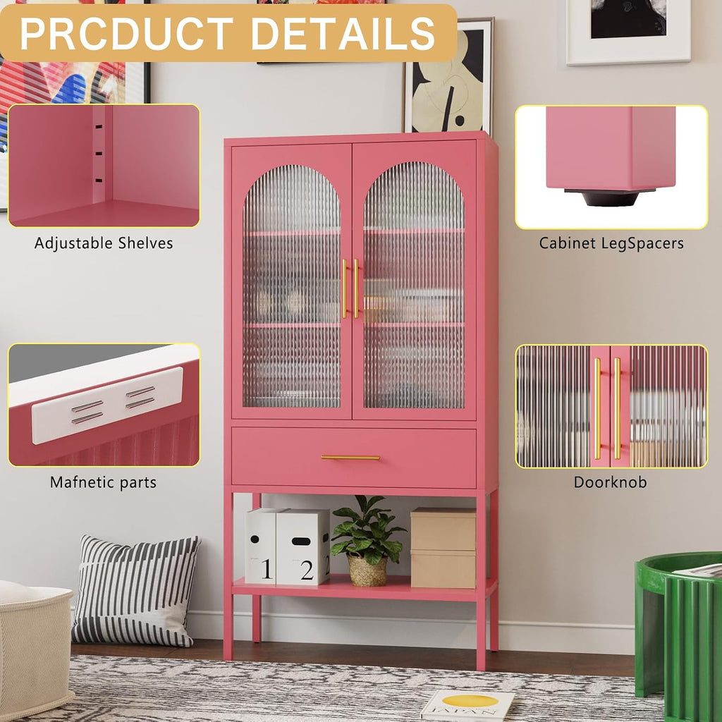 ALBAD 63 Inch Tall Metal Pantry/Display/Storage Cabinet with Fluted Glass Doors and Drawer & Adjustable Shelf for Modern Home Office Living Room Kitchen Pink