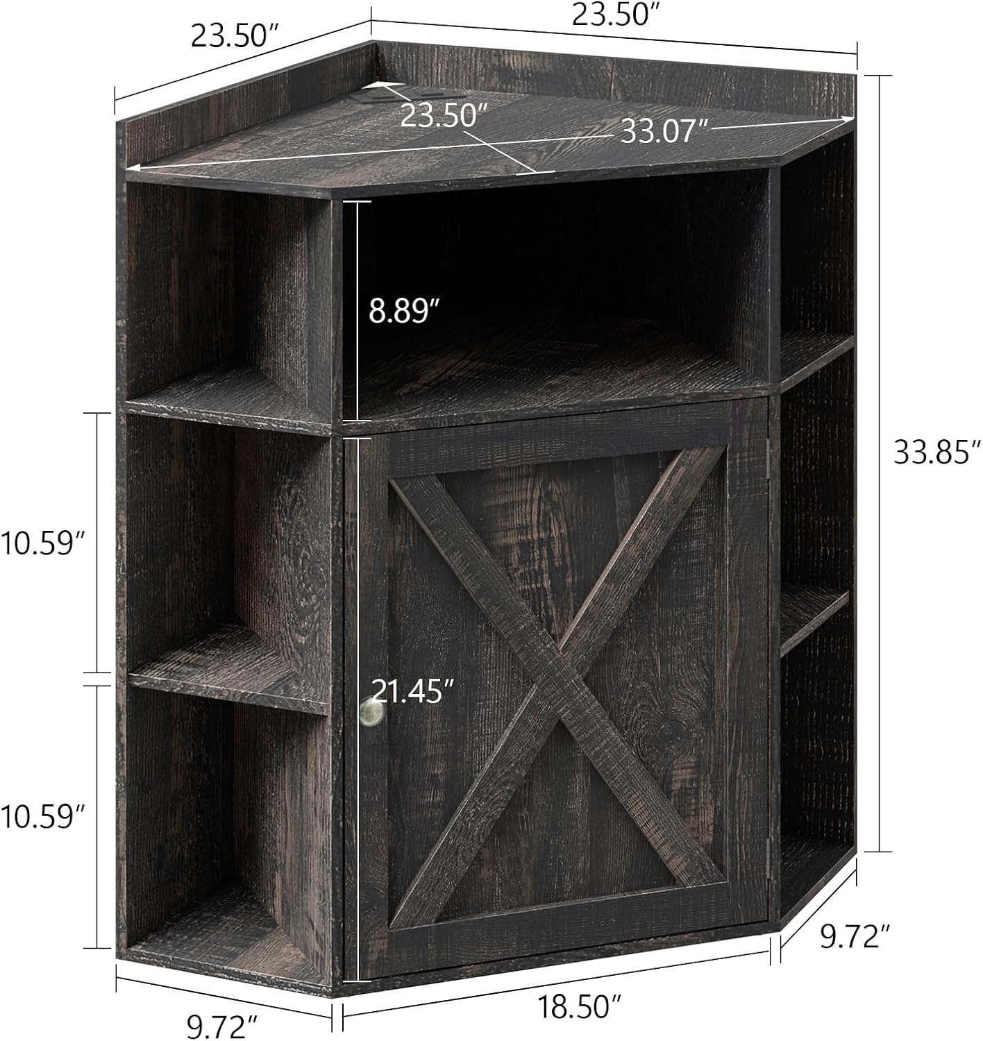 Vabches Corner Cabinet, Corner Storage Shelf with USB Ports and Outlets Industrial Organizer for Small Space Wooden 6-Cubby Bookshelf for Study, Playroom, Living Room (Dark Rustic Oak)