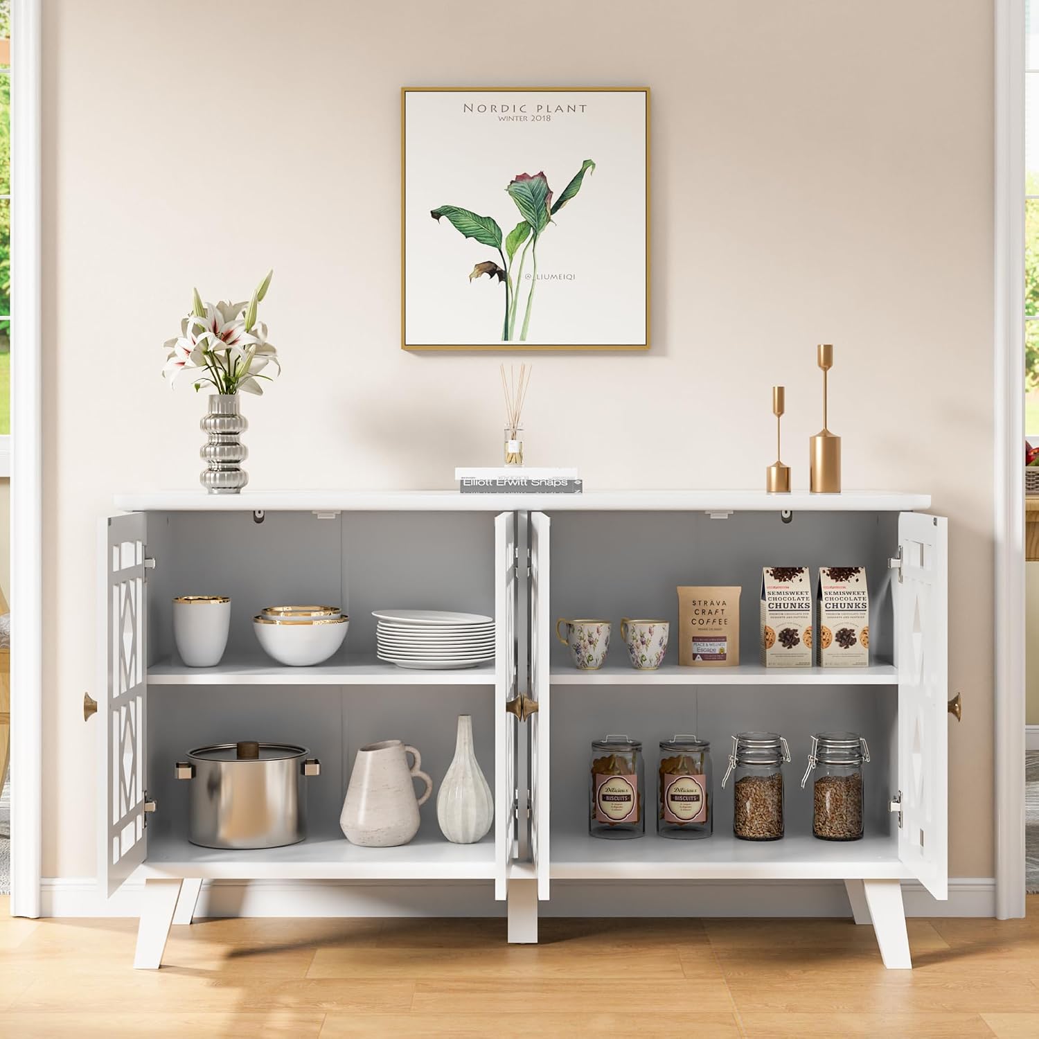 Scurrty 52' Buffet Cabinet with Storage,Sideboard with 4 Doors, Skeletonized Coffee Bar with Storage, Sideboard Cabinet for Dinning Room, Kitchen & Living Room (White)