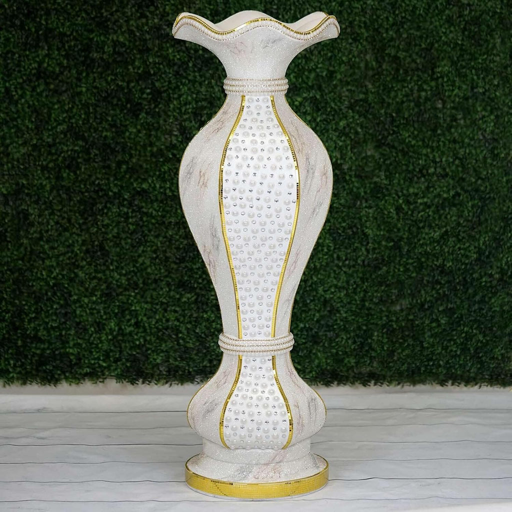 Efavormart 39' Shimmering Gold Glittered Marble Design Floor Flower Pot Vase with Pearls and Mirror Mosaic Embellishment