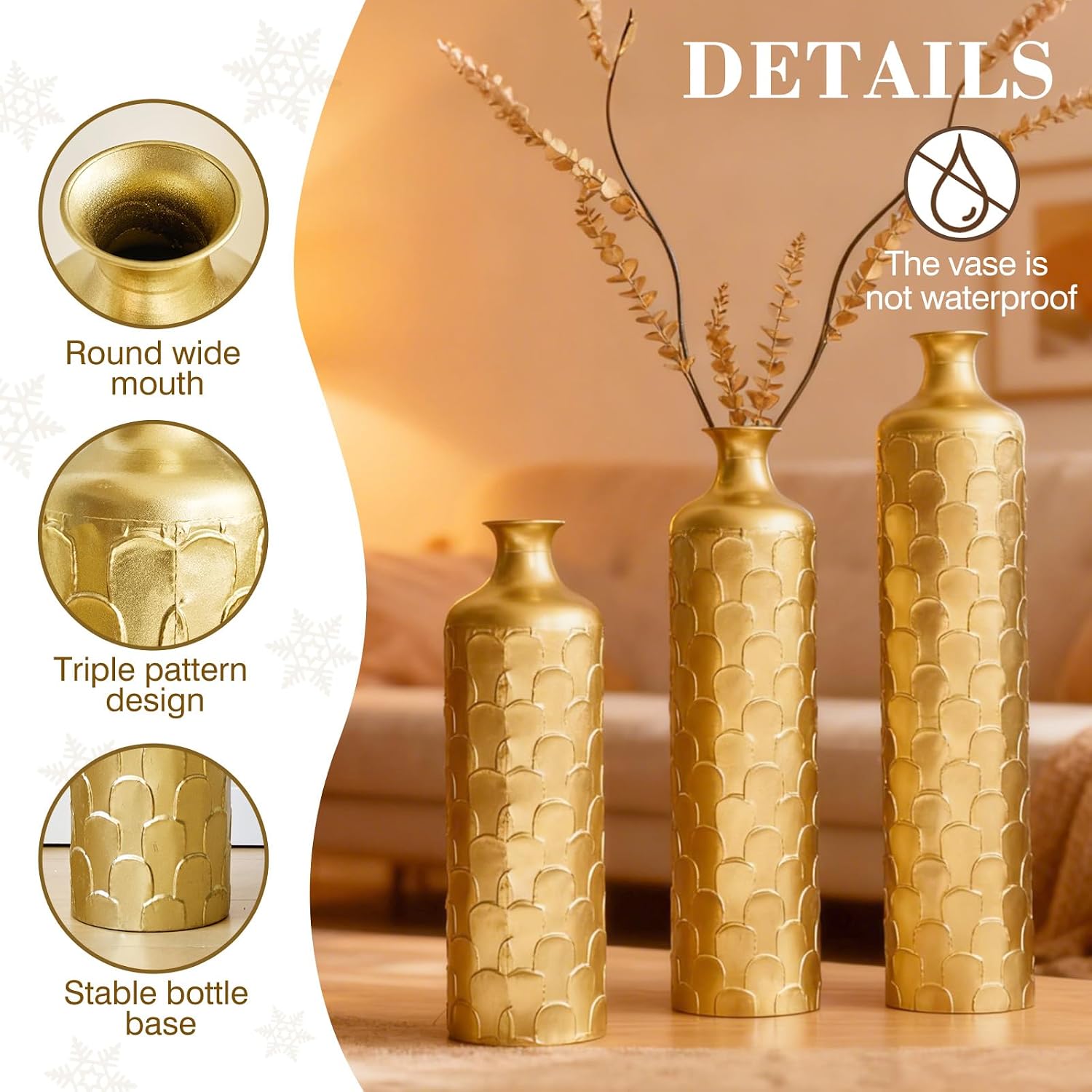 Gold Standing Vase for Floor 3 Piece Floor Vase Sets Living Room Decor Tall Large Metal Vases with Growing Vine Patterns 25.2'/29.33'/34.25' Height
