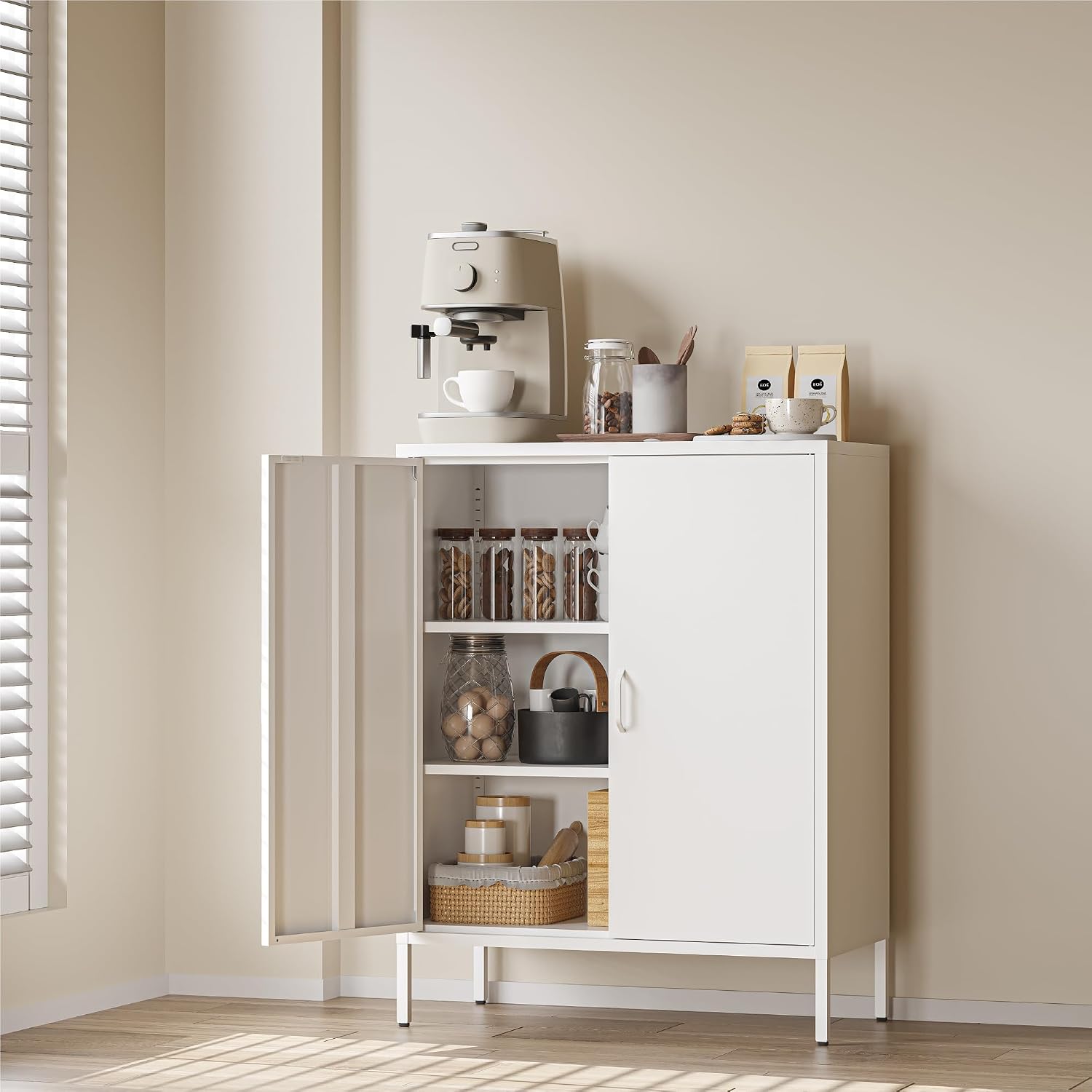 COFaR White Metal Storage Cabinet, 40' Kitchen Buffet & Coffee Bar Cabinet with Adjustable Shelves, 3-Tier Steel Organizer with Magnetic Doors, Sideboard for Dining Room, Home Office