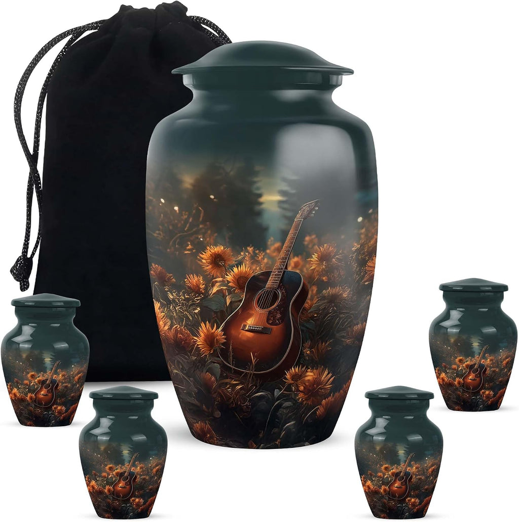 Guitar Funeral Urns for Human Ashes Adult Mom and Dad - Green Cremation Urn for Human Ashes Adult Female and Male - Sunflower Keepsake Urns for Grandmother 10 Inch, 1 Large & Mini Set 4, 3 Inch