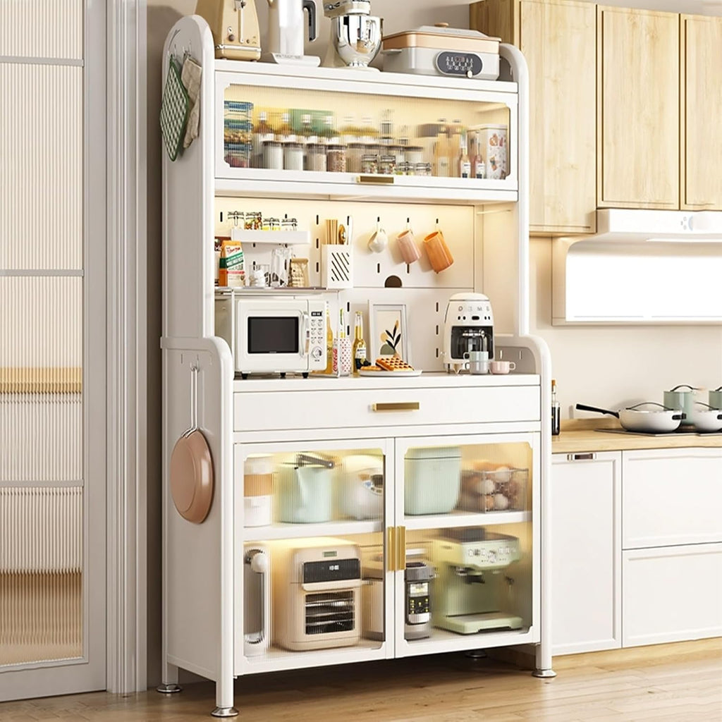 5-Tier Kitchen Bakers Rack with Drawers, Microwave Oven Stand with Storage Shelves, with Hooks*8, Storage Box*1, Chopstick Box*1(60cm)