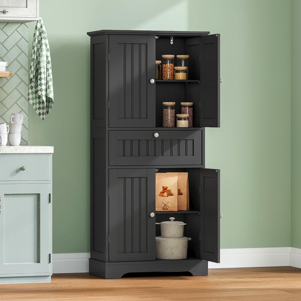 ChooChoo 51' H Tall Bathroom Floor Cabinet, Modern Bathroom Storage Cabinet with Drawer and Adjustable Shelves, Freestanding Kitchen Pantry Cupboard with 4 Doors for Living Room, Black