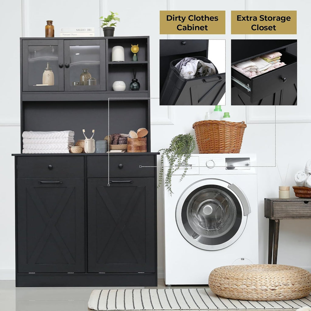 Arlopu Dual Tilt Out Trash&Storage Cabinet, Kitchen Sideboard Cupboard W/Pet Proof 10X2 Gal Hidden Garbage Holder, Freestand Laundry Sort Cabinet, W/Drawer, Shelves,Barn Door (Black)