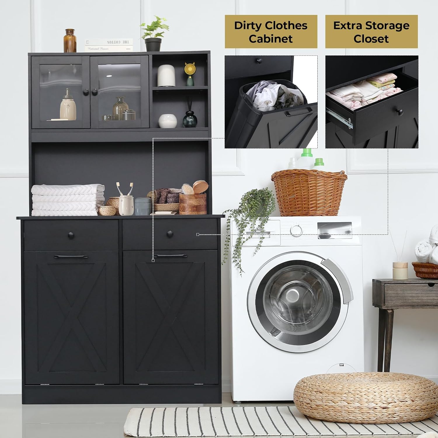 Arlopu Dual Tilt Out Trash&Storage Cabinet, Kitchen Sideboard Cupboard W/Pet Proof 10X2 Gal Hidden Garbage Holder, Freestand Laundry Sort Cabinet, W/Drawer, Shelves,Barn Door (Black)