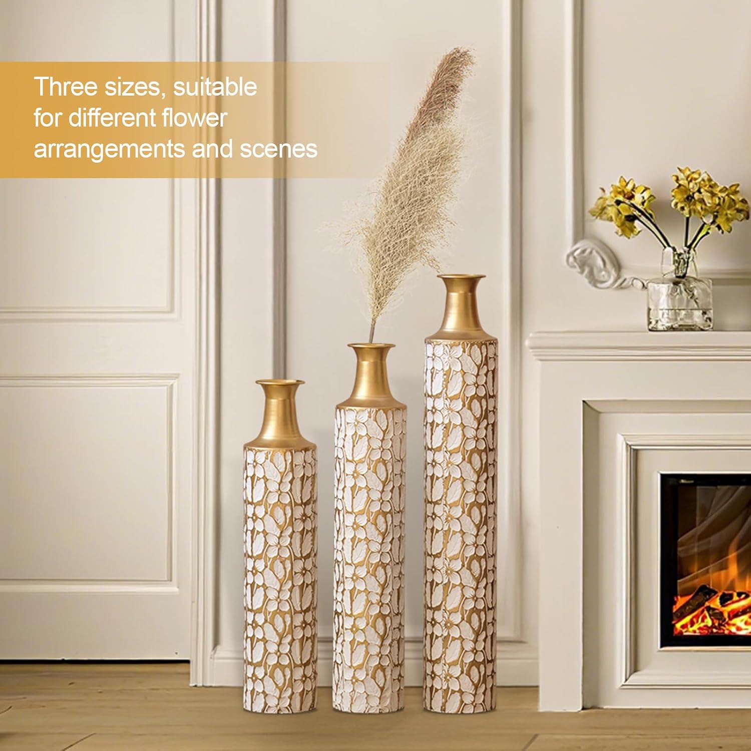 Tall Floor Vase - 3 Sizes (24/28/32 Inch) Gold & White Floral Pattern Decorative Vase for Home Living Room Bedroom Decor, Ideal Mother's Day Present for Mom
