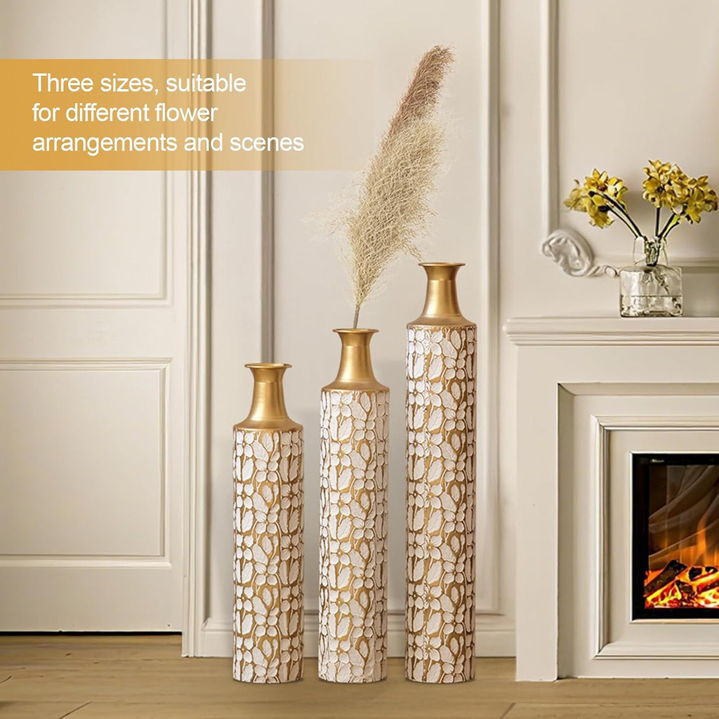 Floor Vases Decorative Tall - 24/28/32.3in Metal Extra Large Decorative Vase Set of 3, White & Gold Tall Floor Vase for Home Decor, Living Room Entryway Decor Dining Bedroom Home Corner Indoor Office