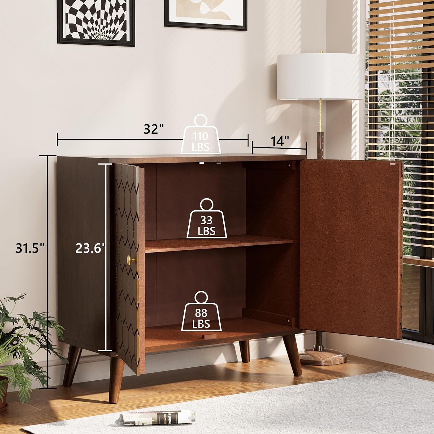 COSIEST 32' Storage Sideboard with Doors, Adjustable Shelf, Decorative Modern Accent Furniture for Living Room, Entryway, Kitchen (Brown, Honeycomb Pattern)