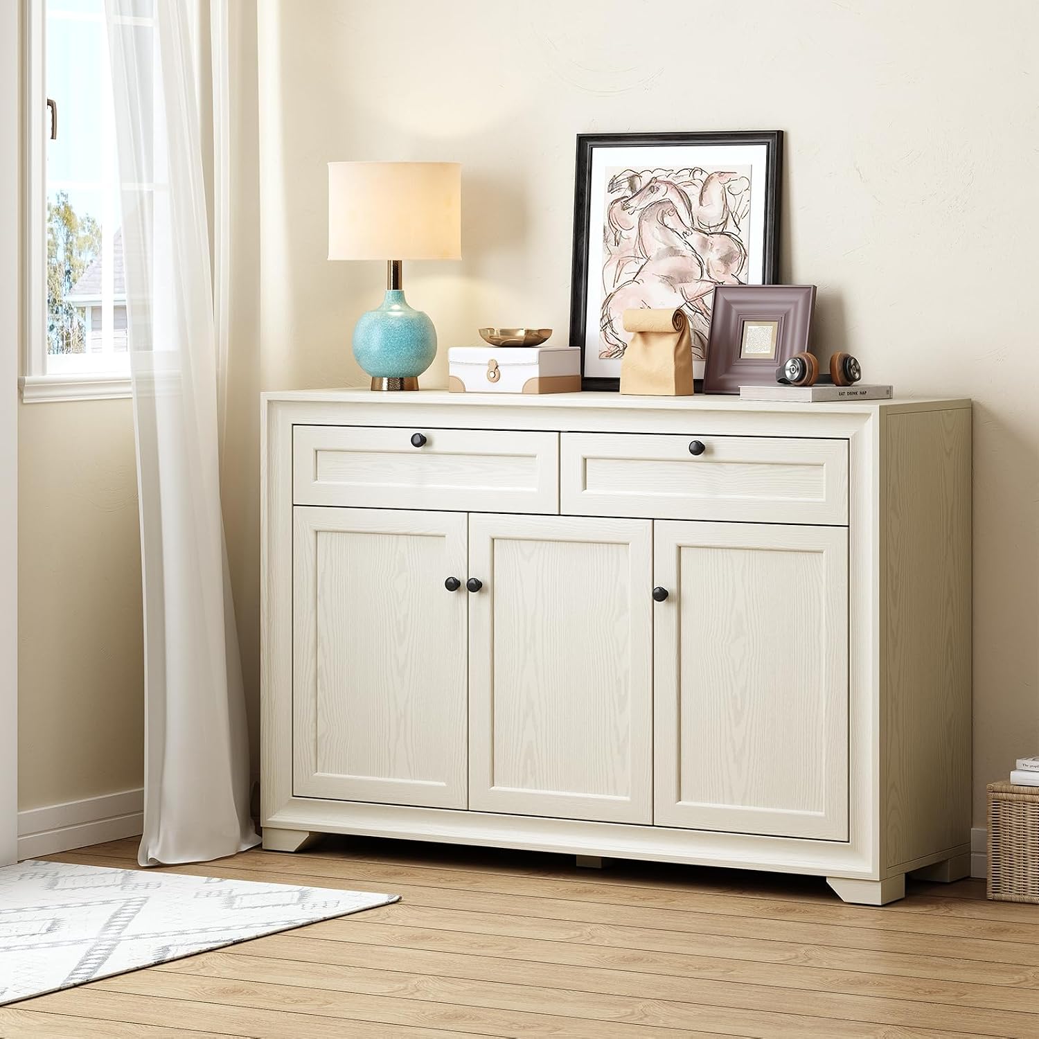 ONBRILL 48 Inches Sideboard Buffet Cabinet with Storage, Farmhouse Sideboard with 2 Drawers and 3 Doors, Wood Coffee Bar Cabinet with Adjustable Shelves for Living Room, Kitchen, Hallway, White