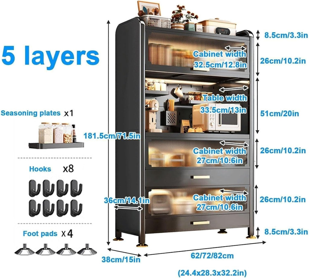 5-Tier Kitchen Baker's Rack with Flip Doors & Pull-Out Drawer, Metal Microwave Stand, Versatile Storage Shelves for Pantry, Coffee Makers, and More,62cm/24in