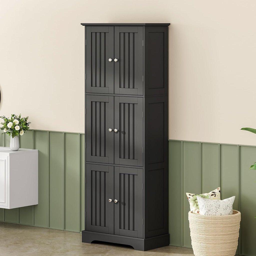 ChooChoo Tall Bathroom Storage Cabinet with 6 Doors, Freestanding Floor Cabinet with Adjustable Shelves, Black Pantry Cabinet for Bathroom, Kitchen, Laundry Room