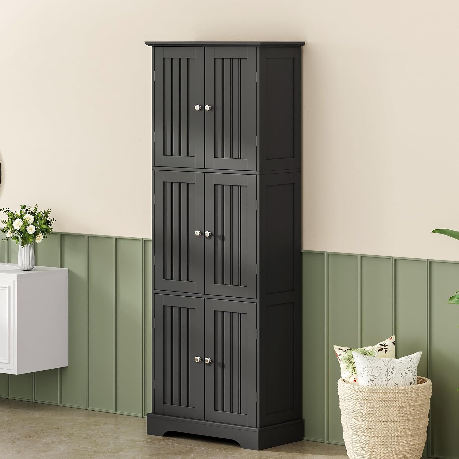 ChooChoo Tall Bathroom Storage Cabinet with 6 Doors, Freestanding Floor Cabinet with Adjustable Shelves, Black Pantry Cabinet for Bathroom, Kitchen, Laundry Room