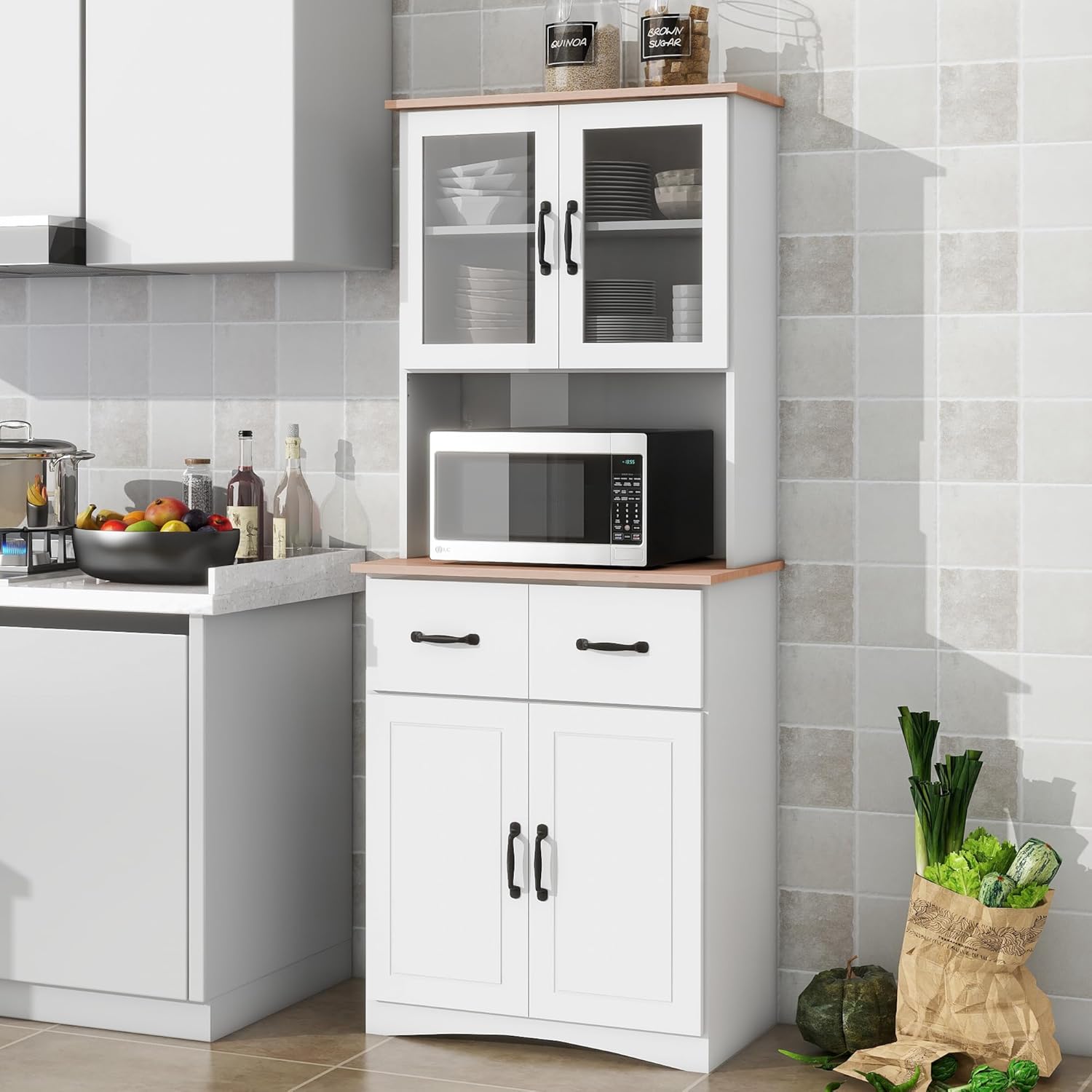 Kitchen Buffet with Hutch, Freestanding Pantry Cabinet Kitchen Cupboard Bar Cabinet with 4 Doors, 2 Drawers & Open Shelf, 2 Storage Cabinets with Adjustable Shelves, White