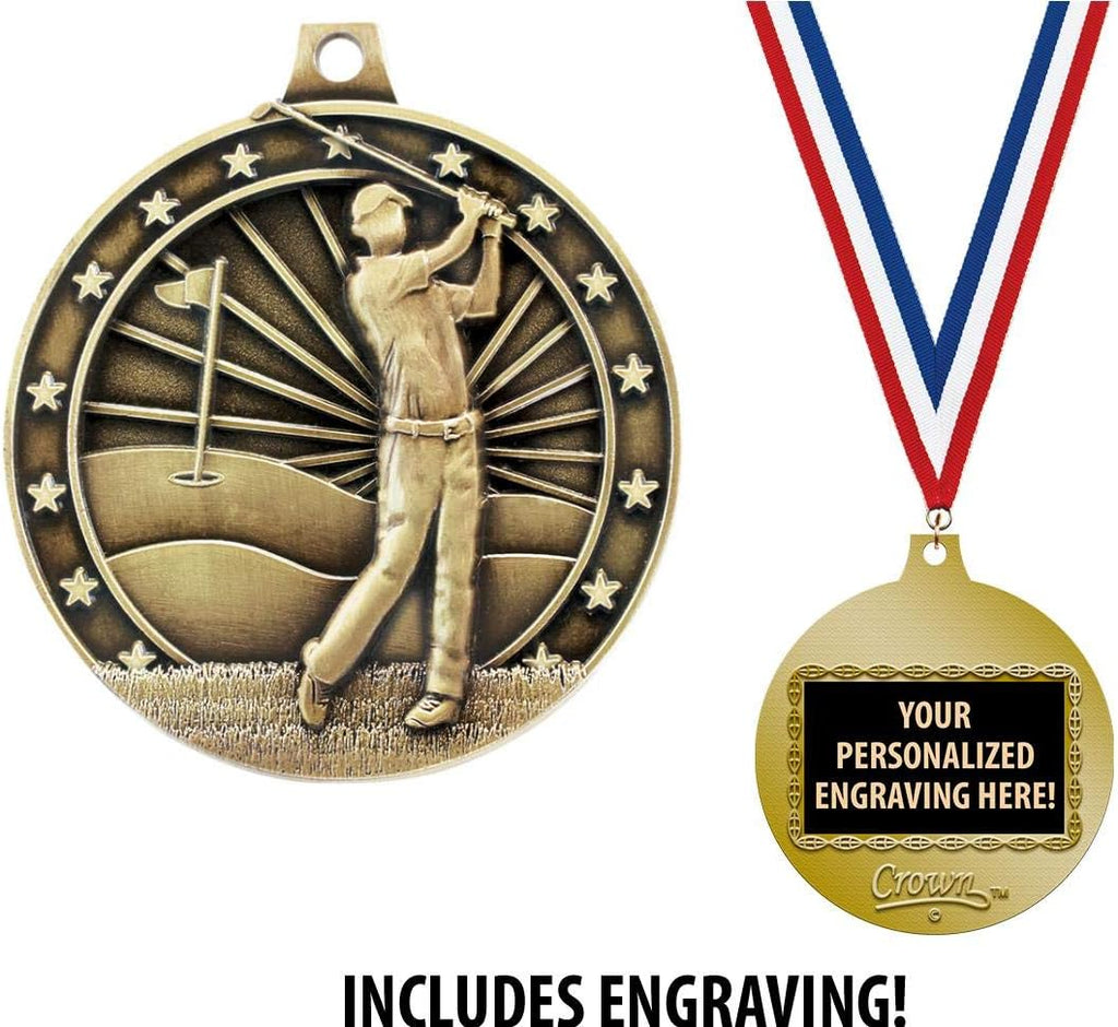 Crown Awards Golf Medals, 2' Gold Golf Ball Medal Award with Free Custom Engraving Prime
