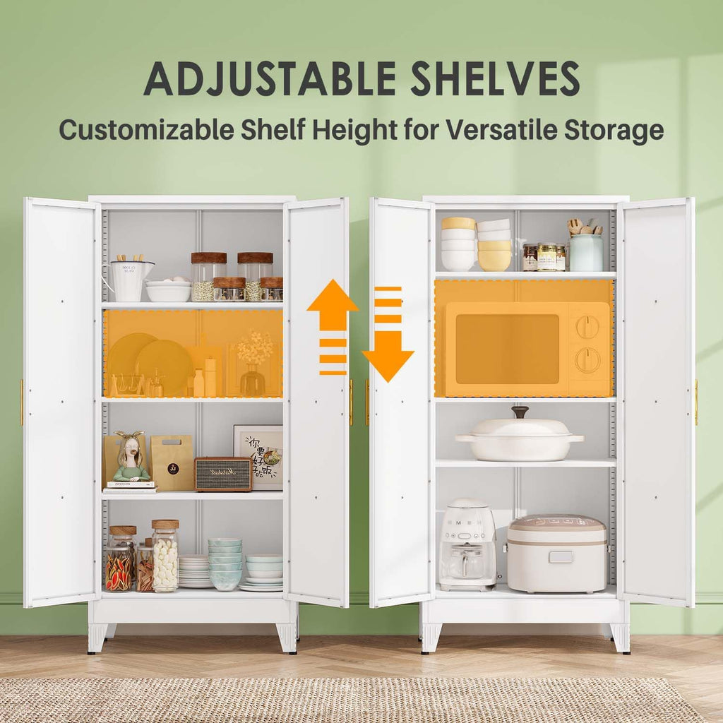 61' Kitchen Pantry Cabinet, Metal Storage Cabinet with 2 Doors and 3 Adjustable Shelves, White Food Pantry Cupboard for Kitchen, Dining Room, Living Room and Bathroom (White)