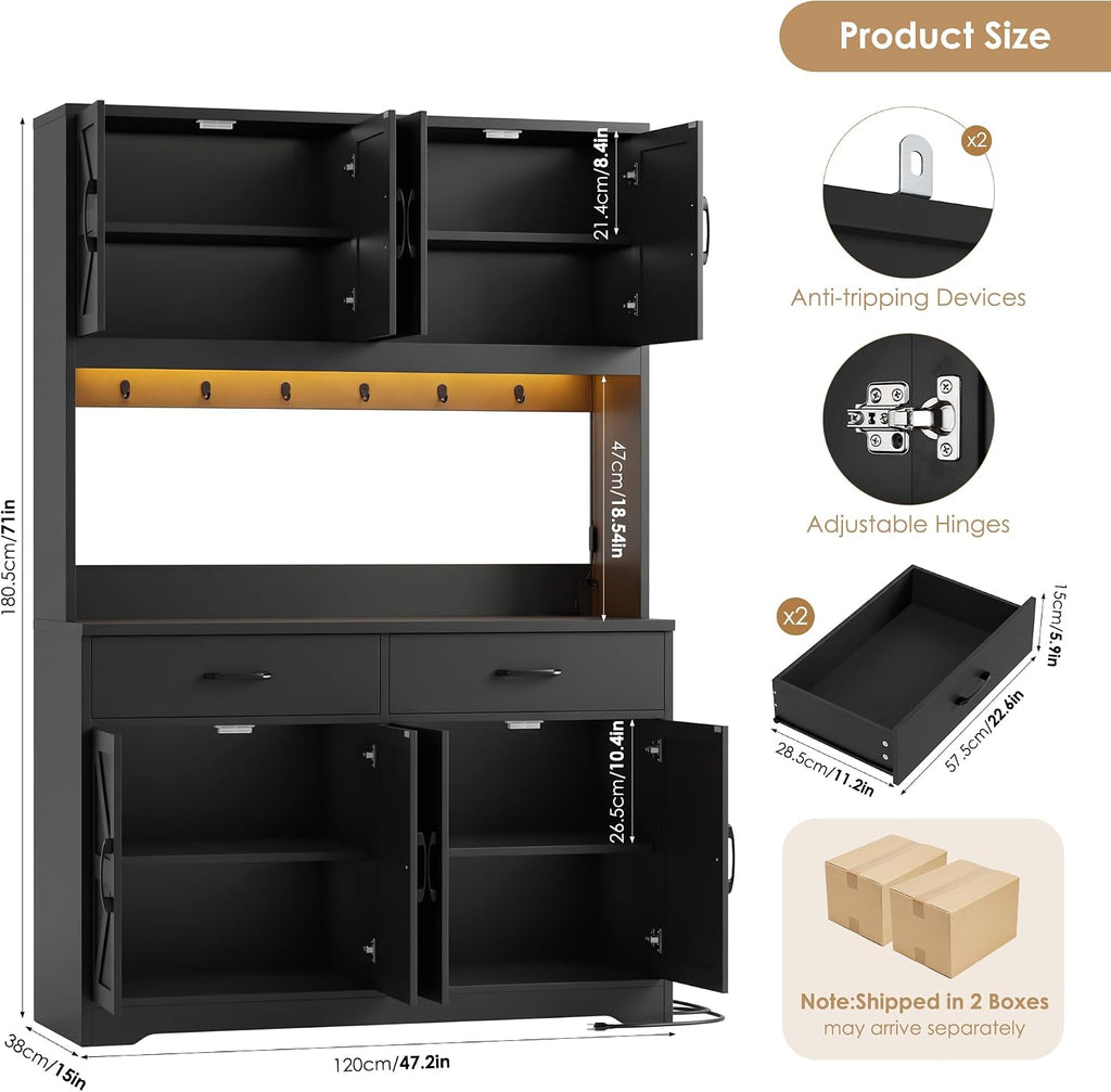 HIFIT 71' Tall Kitchen Pantry Cabinet with RGB LED and Charging Station, Farmhouse Coffee Bar Cabinet with Large Countertop and 6 Hooks, Kitchen Hutch Storage Cabinet, Black