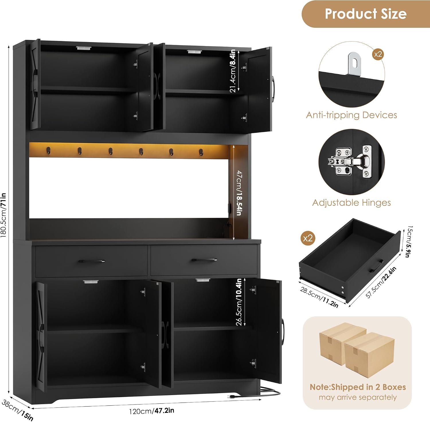 HIFIT 71' Tall Kitchen Pantry Cabinet with RGB LED and Charging Station, Farmhouse Coffee Bar Cabinet with Large Countertop and 6 Hooks, Kitchen Hutch Storage Cabinet, Black