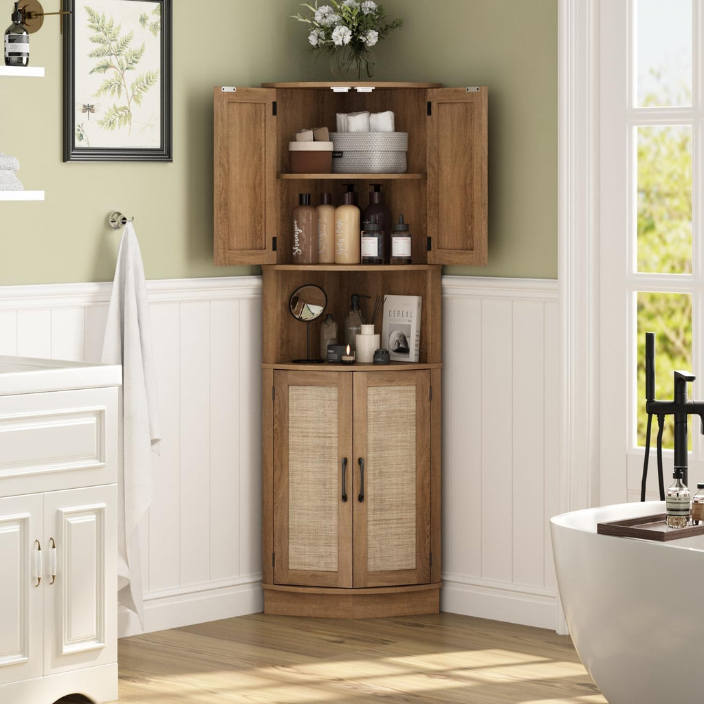 HOKYHOKY Tall Corner Cabinet, 64.7' Rattan Corner Storage Cabinet with 4 Doors and 5 Storage Shelves, Farmhouse Space Saver, Boho Shelf for Living Room, Kitchen, Bathroom, Office