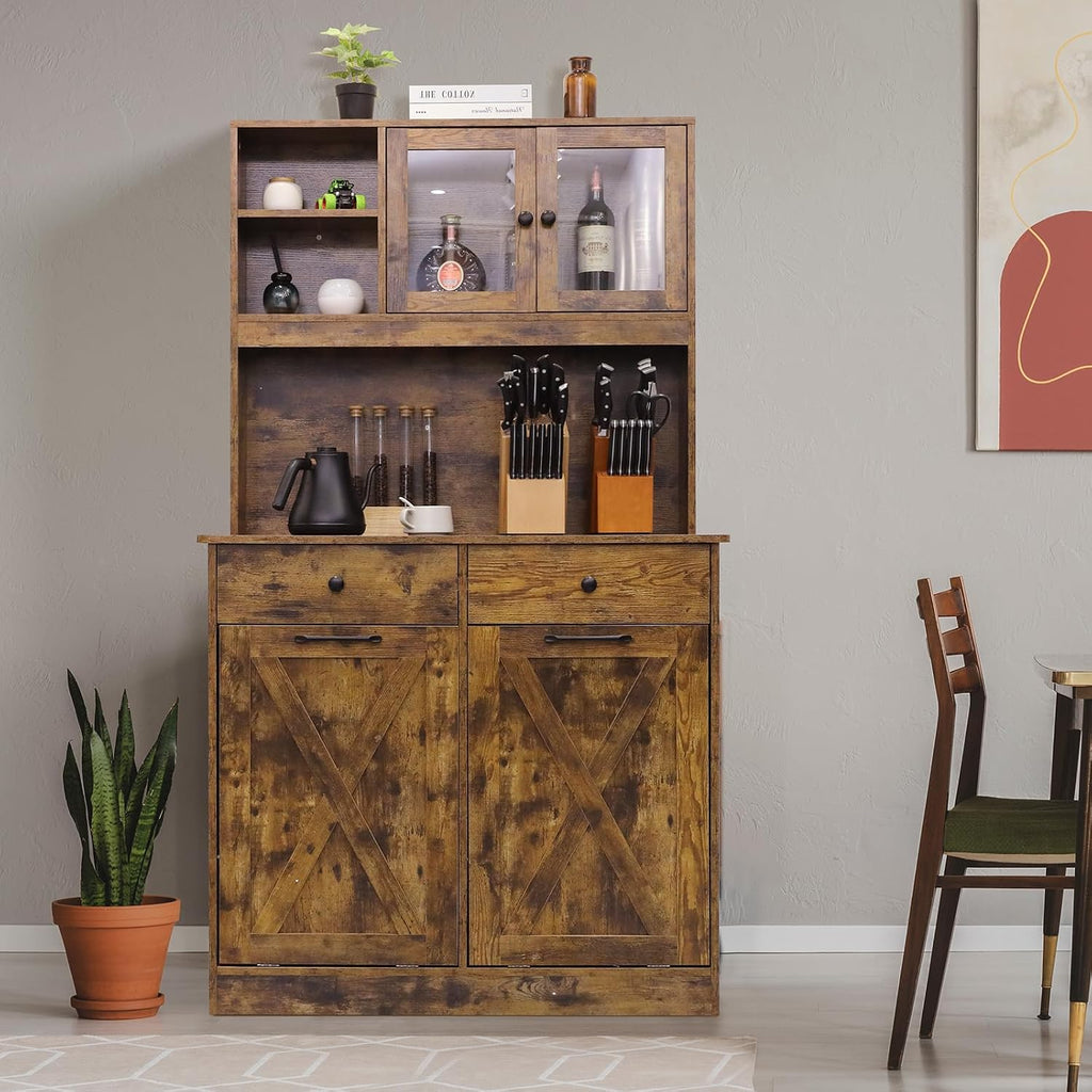 Arlopu Dual Tilt Out Trash&Storage Cabinet, Kitchen Sideboard Cupboard W/Pet Proof 10X2 Gal Hidden Garbage Holder, Freestand Laundry Sort Cabinet, W/Drawer, Shelves,Barn Door (Vintage Wood)