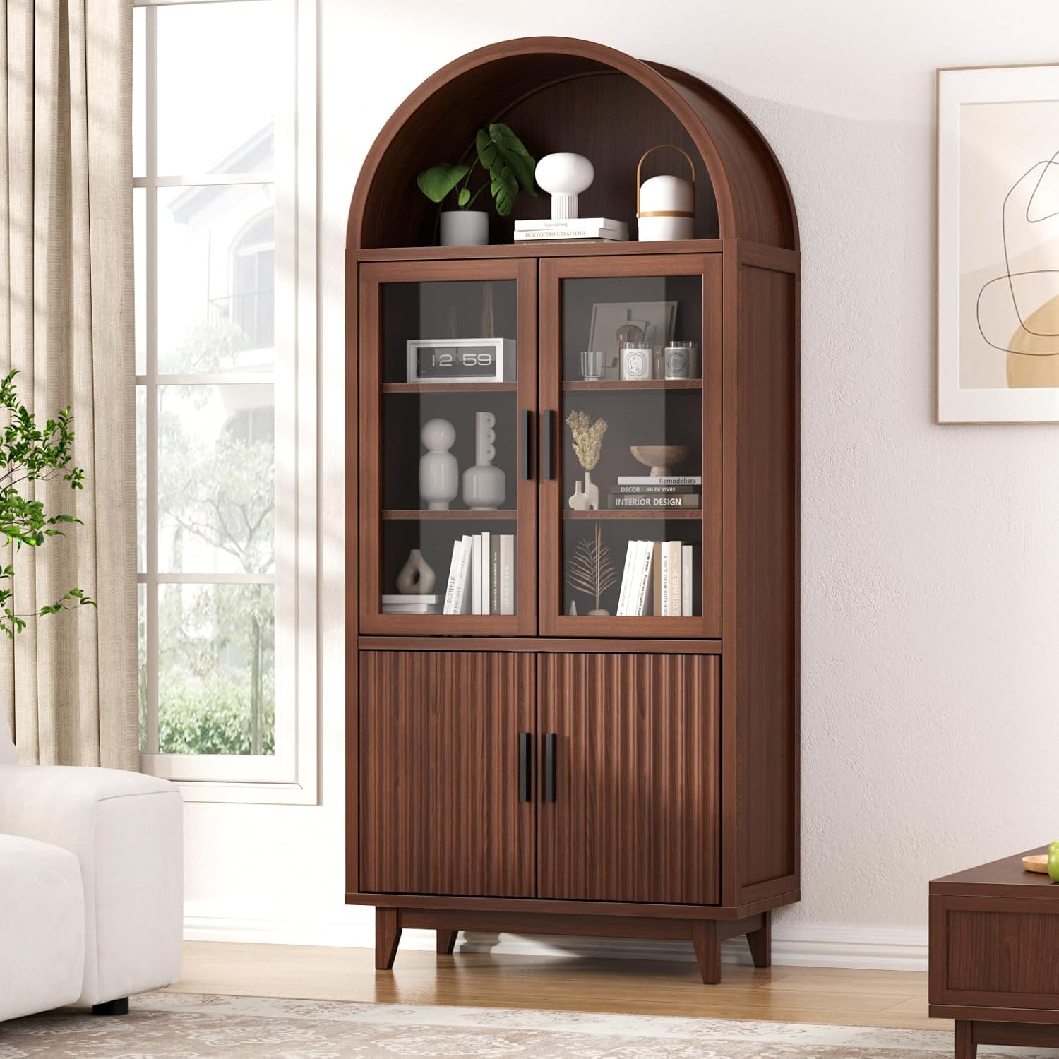 FiveWillowise Kitchen Pantry Cabinet with Glass Doors - Arched Design, Solid Wood Legs, Artistic Fluted Door, Adjustable Shelves, 70.8' Curved Storage Cabinet for Kitchen, Dining Room