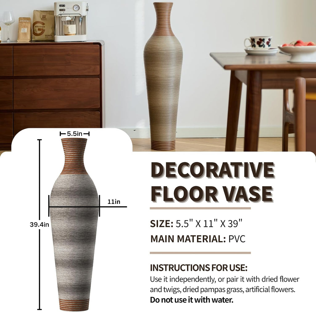 39-Inch Tall Vintage Floor Vase - Premium PVC Rattan Weave, Large Brown Standing Vase, Flower Holder for Home Decor (Brown Grey)