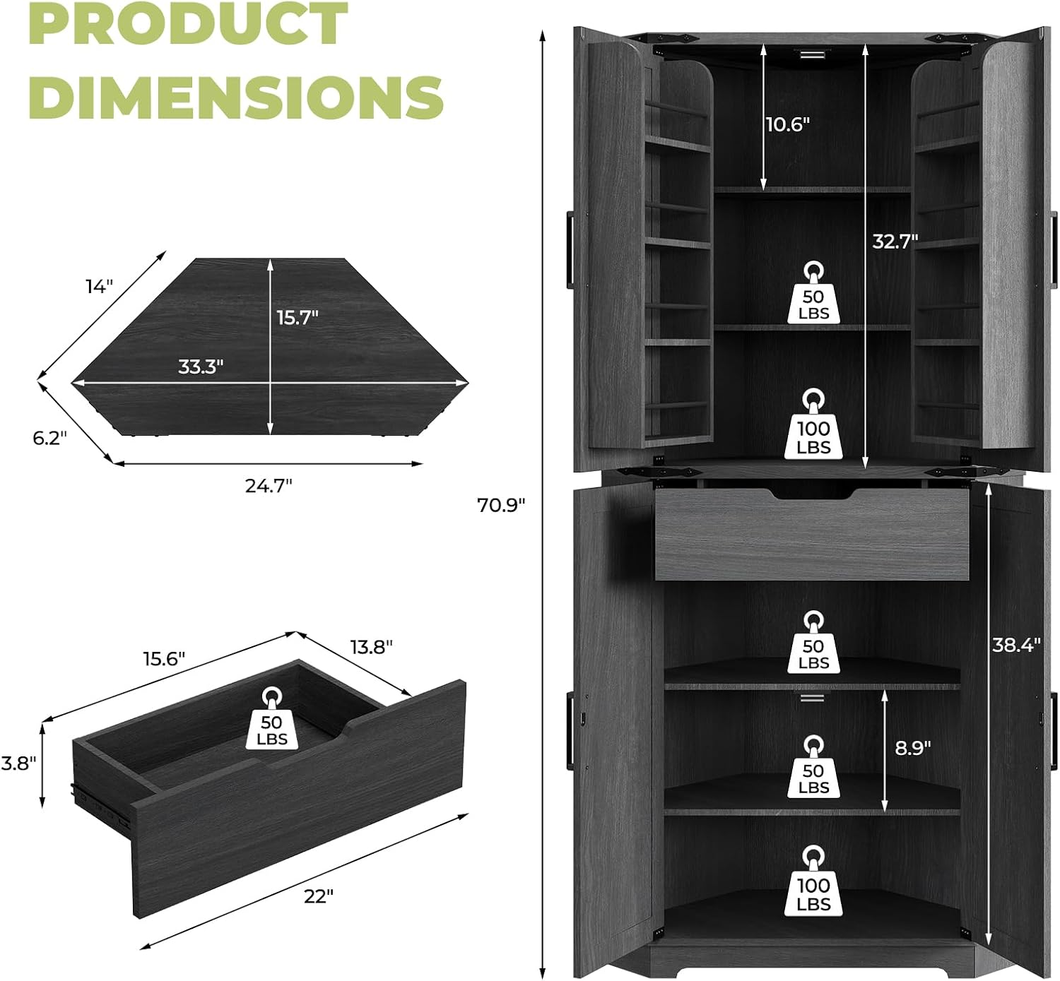 Dripex 71' Corner Cabinet Black, Farmhouse Kitchen Pantry Cabinet with Doors Storage & Adjustable Shelves, Tall Corner Storage Cabinet with LED Light, Food Pantry for Living Room, Dining Room