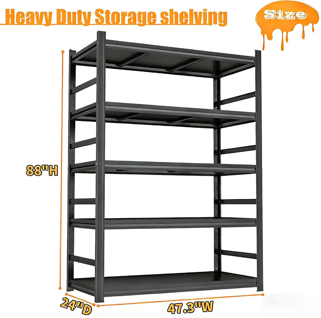 5-Tier Adjustable Storage Rack Metal Shelving 48' W x 88' H Metal Storage Shelf Black Shelving Unit 2000LBS Shelvs for Kitchen Pantry Basement