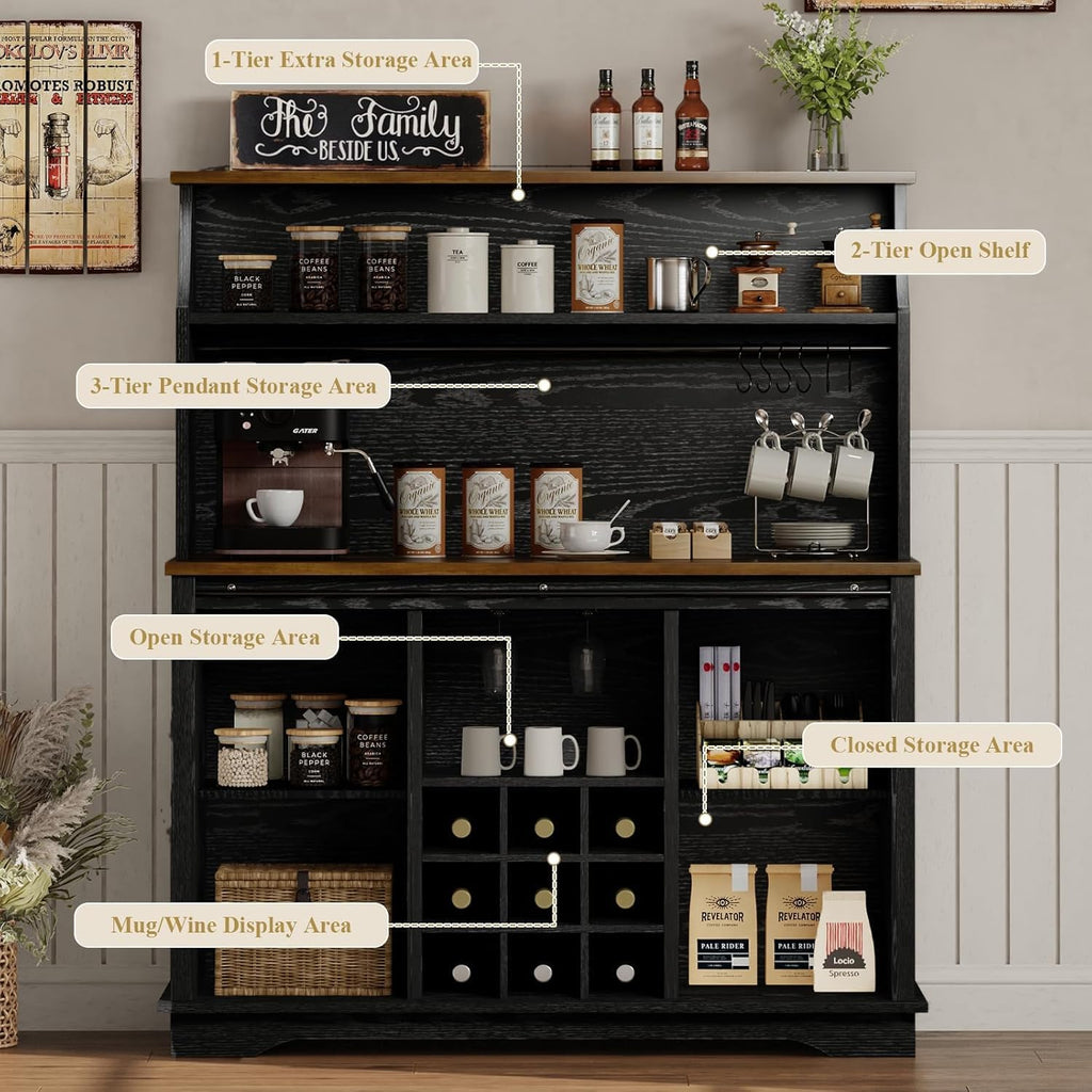 REVOMINCA 47 Inch Farmhouse Coffee Bar Cabinet with 3-Tier Storage, Coffee Bar Hutch with 9 Wine Racks, 3 Glass Holders, 6 Hooks, Kitchen Hutch for Dining Living Room, Black
