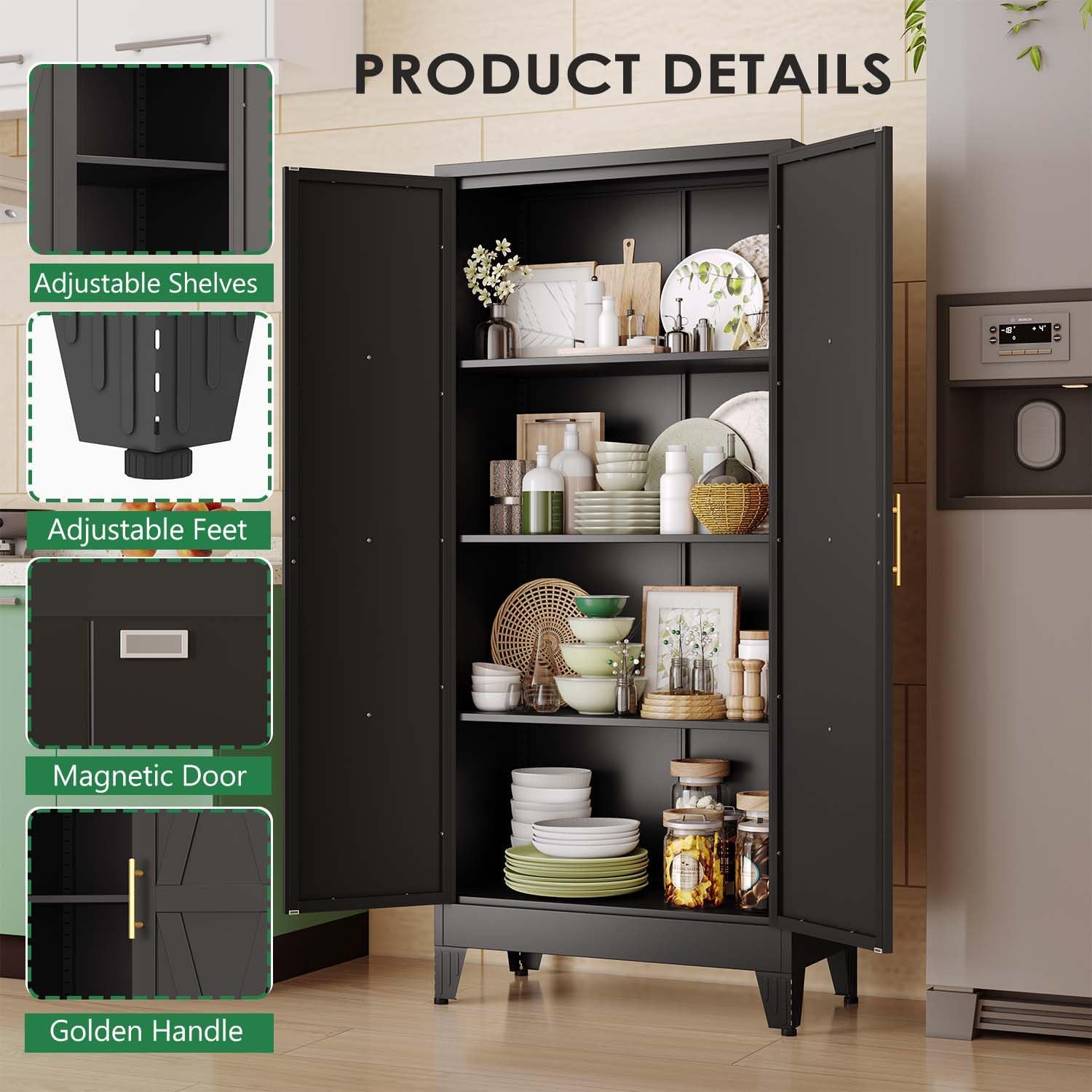 61' Kitchen Pantry Cabinet, Metal Storage Cabinet with 2 Doors and 3 Adjustable Shelves, Black Food Pantry Cupboard for Kitchen, Dining Room, Living Room and Bathroom (Black)
